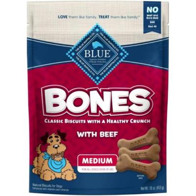 Blue Bones Crunchy Dog Biscuits Medium Bones with Real Beef 16 oz.