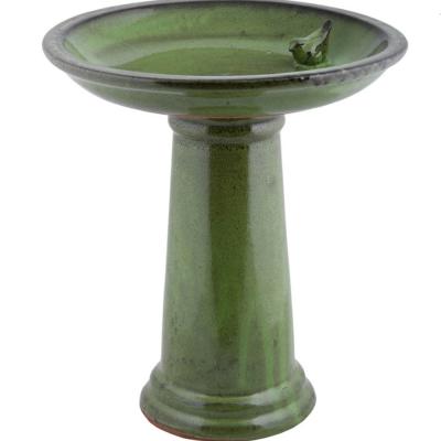 Esschert Ceramic Bird Bath On Pedestal w/Bird Green