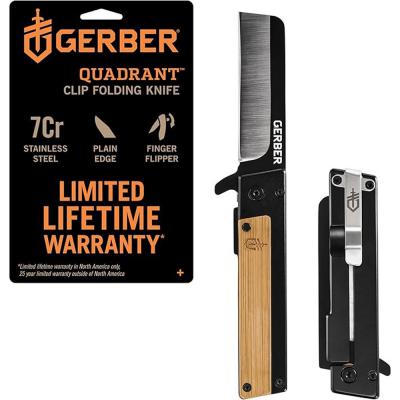 Gerber Gear Quadrant Clip Folding Knife with Plain Edge Blade Straight Edge Flipper Knife with Pocket Clip and Bamboo Handle EDC Gear and Equipment Stainless Steel