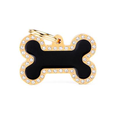 MyFamily Glam Big Bone Black and Gold ID Tag with Rhinestones