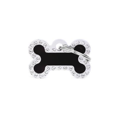 MyFamily Glam Small Bone Black ID Tag with Rhinestones