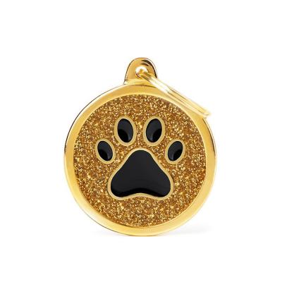 MyFamily Shine Big Gold Glitter Circle Black Paw ID Tag